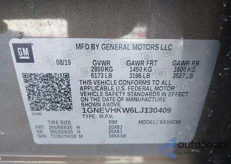 2020 Chevrolet Traverse Awd Lt Leather from USA, damaged, VIN 1GNEVHKW6LJ130409